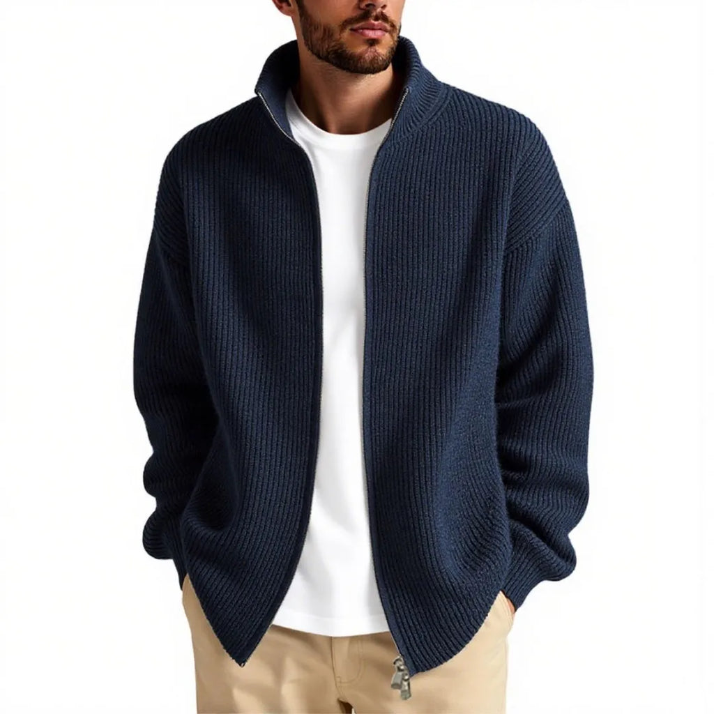 A loose-fitting men's cardigan sweater in a chemical fibre blend, shown in one of five available colours.