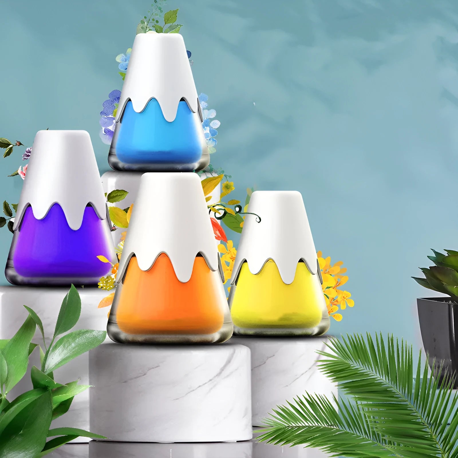 Snow Mountain Cup car aromatherapy diffuser in glass and paste, showing four colour and scent options.