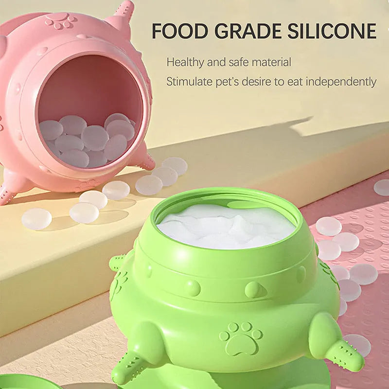 Pink pet nursing device with bionic breast-shaped milk bowl and silicone pacifiers
