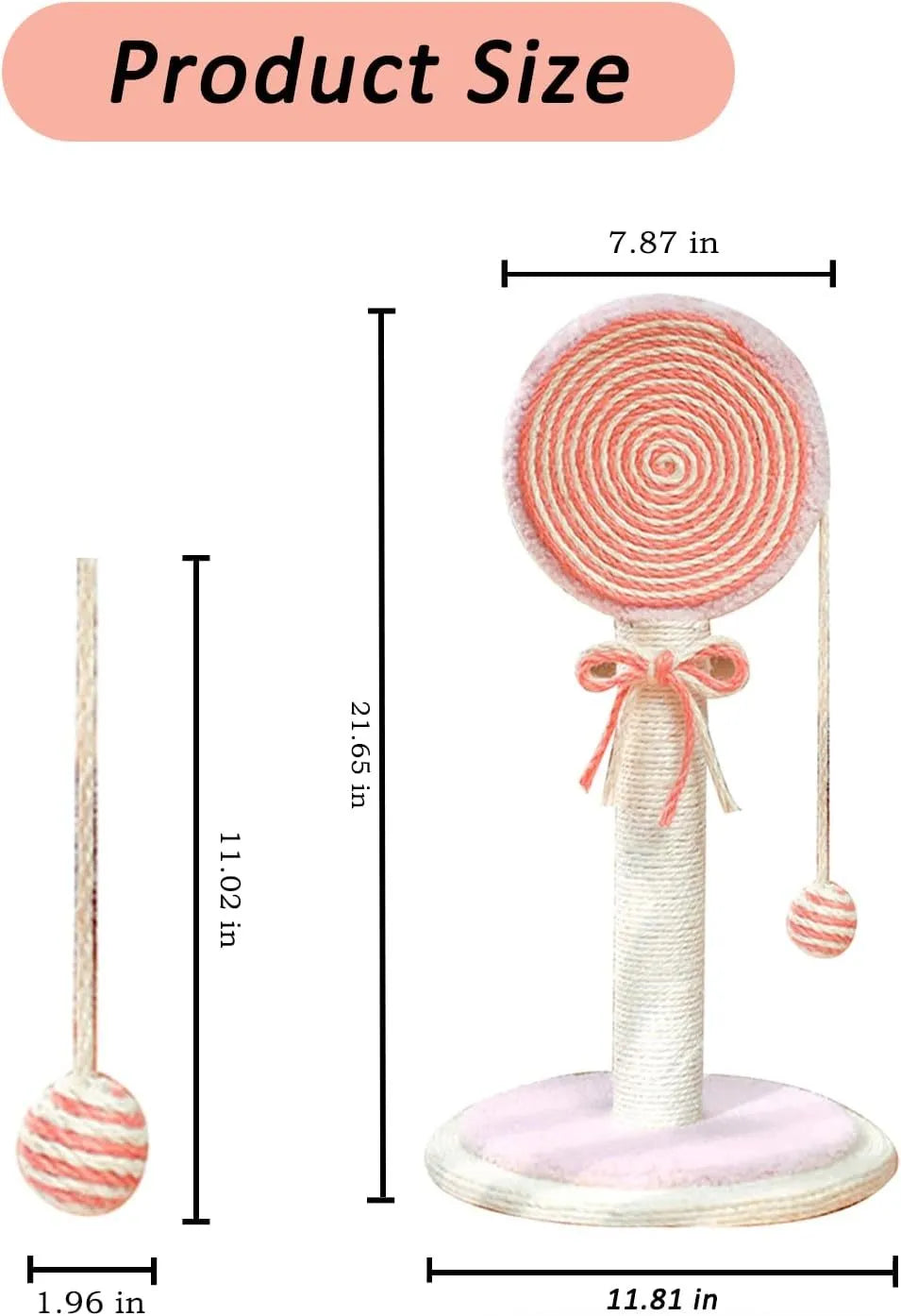 Blue cat scratching post with sisal rope and a hanging ball toy on a stable wooden base.