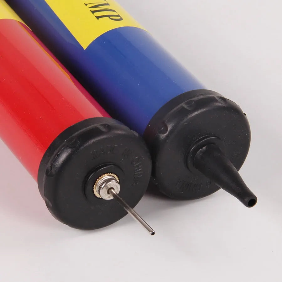 Plastic manual hand pump for inflating sports balls and balloons, shown in mixed colour.