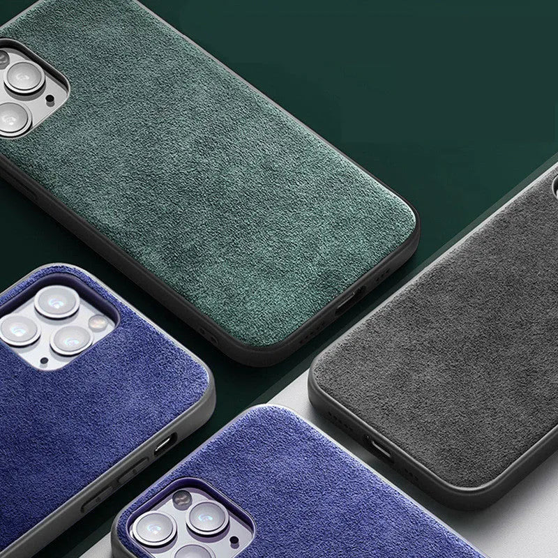 Luxury suede full-cover phone case for iPhone on a dark background, shown in elegant black colour.