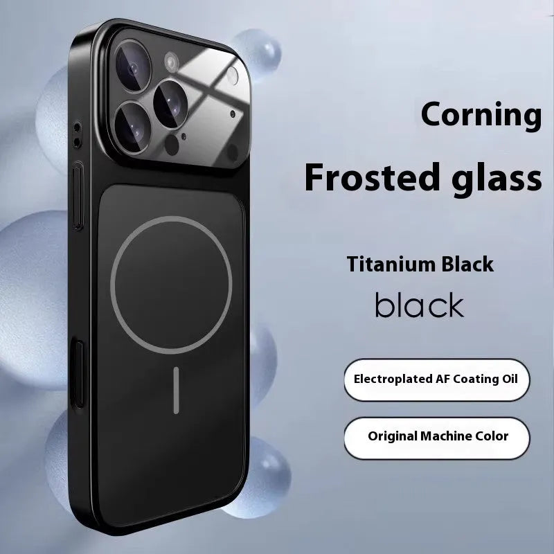 Tempered glass magnetic iPhone case in frosted finish shown in black, orange, and titanium grey colours.