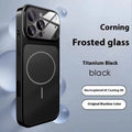 Tempered glass magnetic iPhone case in frosted finish shown in black, orange, and titanium grey colours.