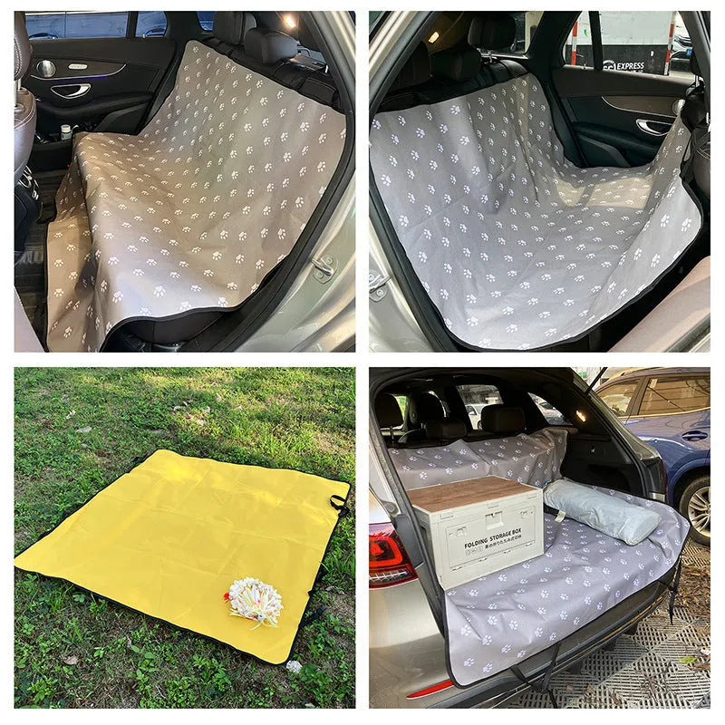 Dog car seat protection mat covering rear vehicle seat with water and dirt resistant cloth material