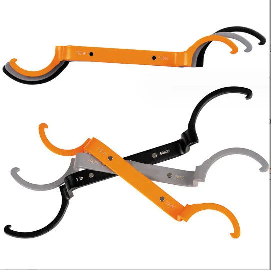 Crescent magnetic suction catheter locking wrench three-piece set showing orange, grey, and black wrenches.