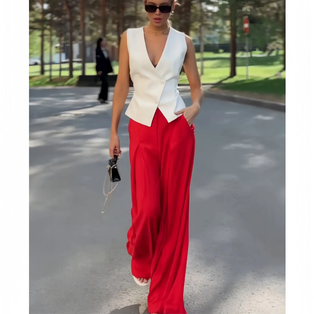 Women's beige deep V-neck sleeveless top with matching high-waist wide-leg trousers two-piece set