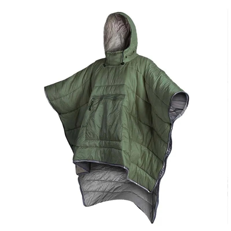 Outdoor cloak sleeping bag wearable blanket in army green with sleeves and 200x140cm dimensions