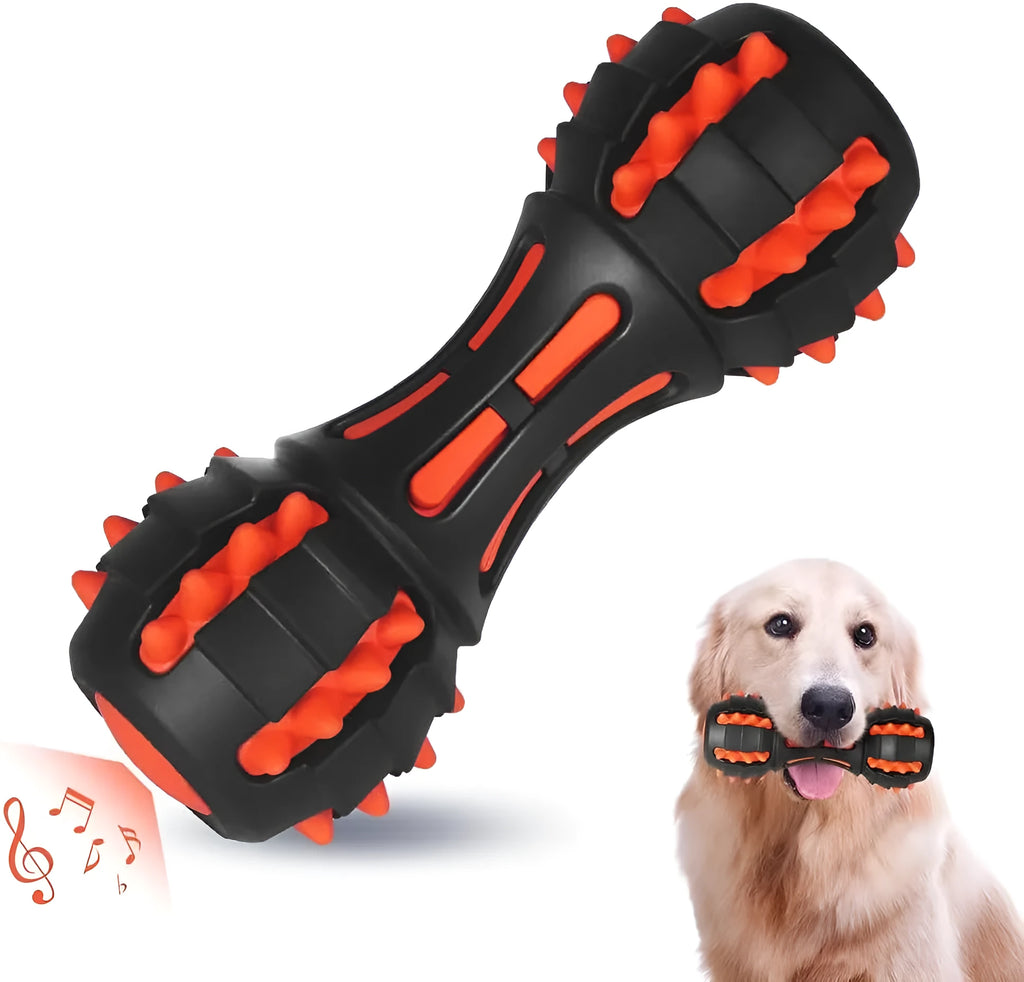 Red rubber dumbbell-shaped dog chew toy for aggressive chewers with double-layer construction