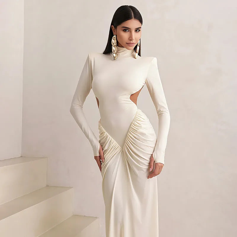 Women's slim fit long sleeve dress with high collar and backless pleated design in formal style