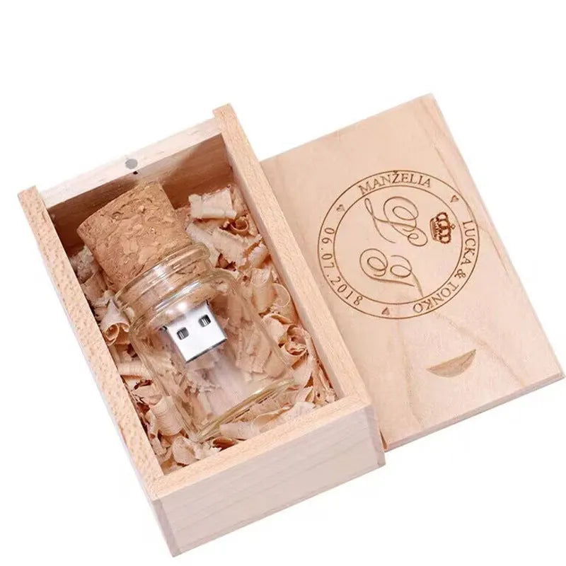 Wooden wish drift bottle USB flash drive in transparent plastic casing showing dimensions