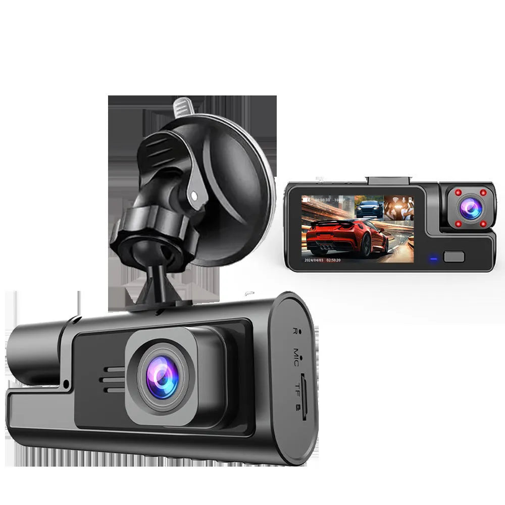 WiFi-enabled car dash cam on windscreen with 2-inch screen and data cable