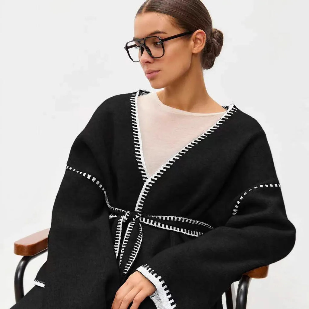 Loose mid-length knitted cardigan in imitation cashmere cotton fabric shown in black colour