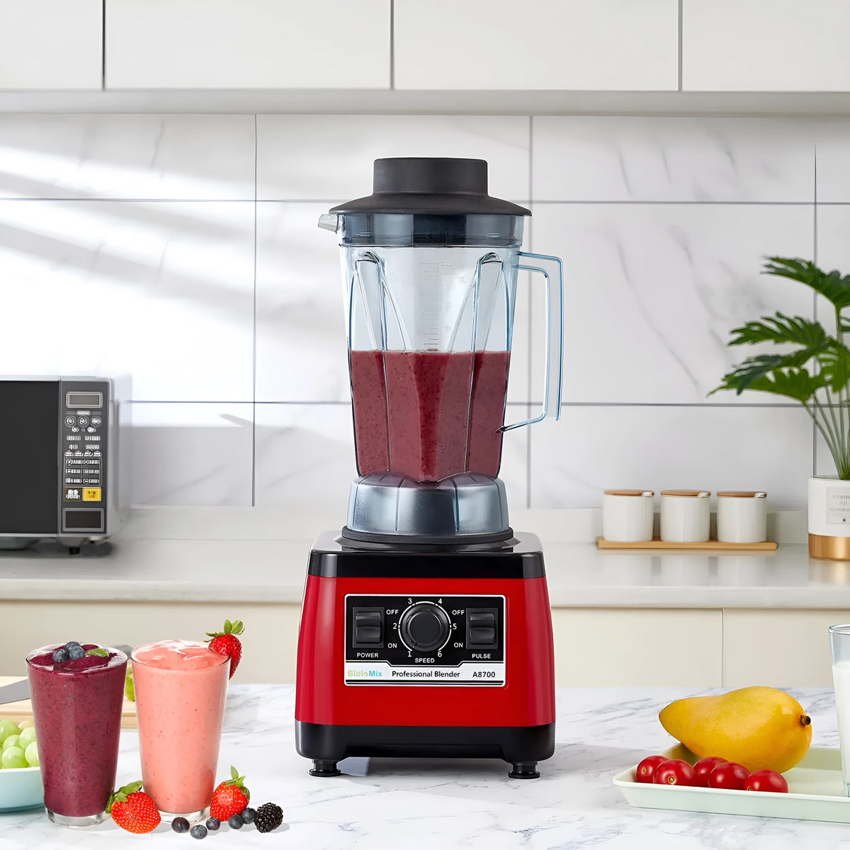 Red A8700 model commercial blender with 2200W motor and 2L capacity jar