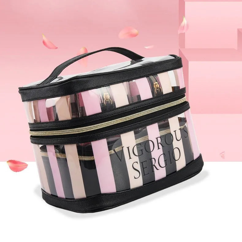 Pink bold striped floral pattern waterproof synthetic leather makeup bag with nylon lining
