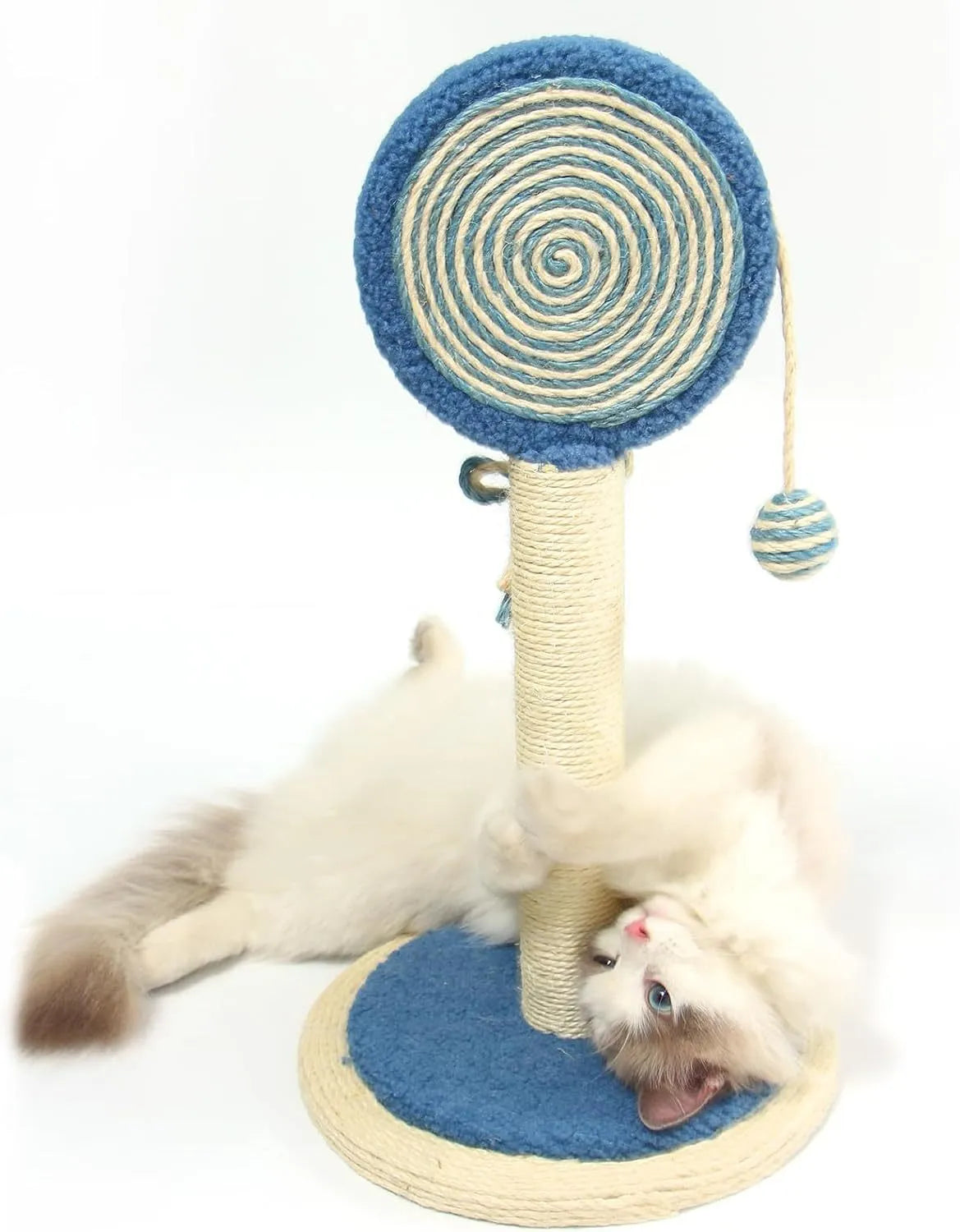 Blue cat scratching post with sisal rope and a hanging ball toy on a stable wooden base.
