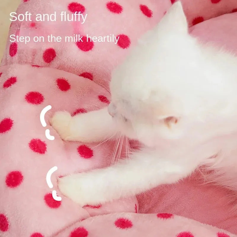 Pink dot fabric princess-style cat bed cushion shown in two sizes for small and medium cats.
