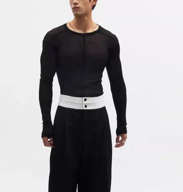 Black slim-fit women's pullover with mesh see-through texture and long sleeves