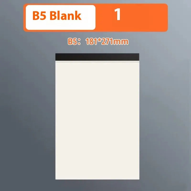 A5, B5 and A4 writing pads with blank, grid and horizontal line rulings showing tearable sheets