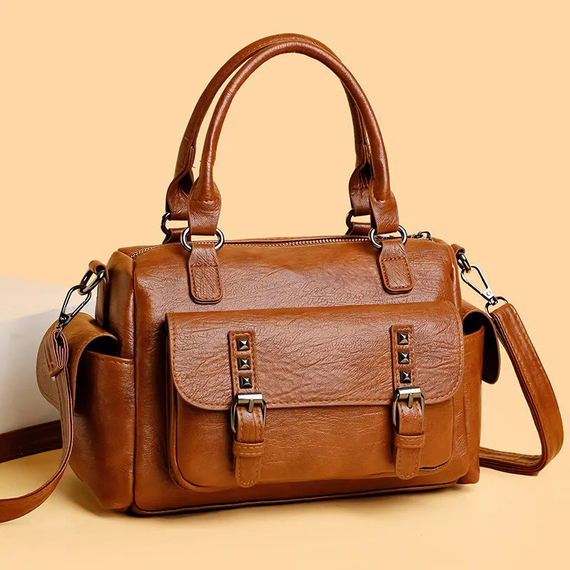 Large capacity vintage PU leather messenger bag with contrast stitching in horizontal square shape
