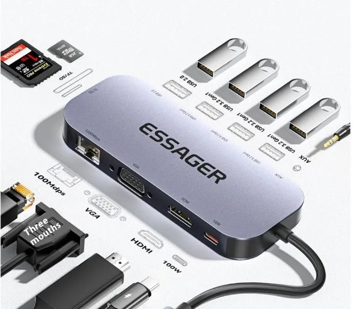 11-in-1 USB-C expansion docking station with Gigabit Ethernet port and 20cm cable