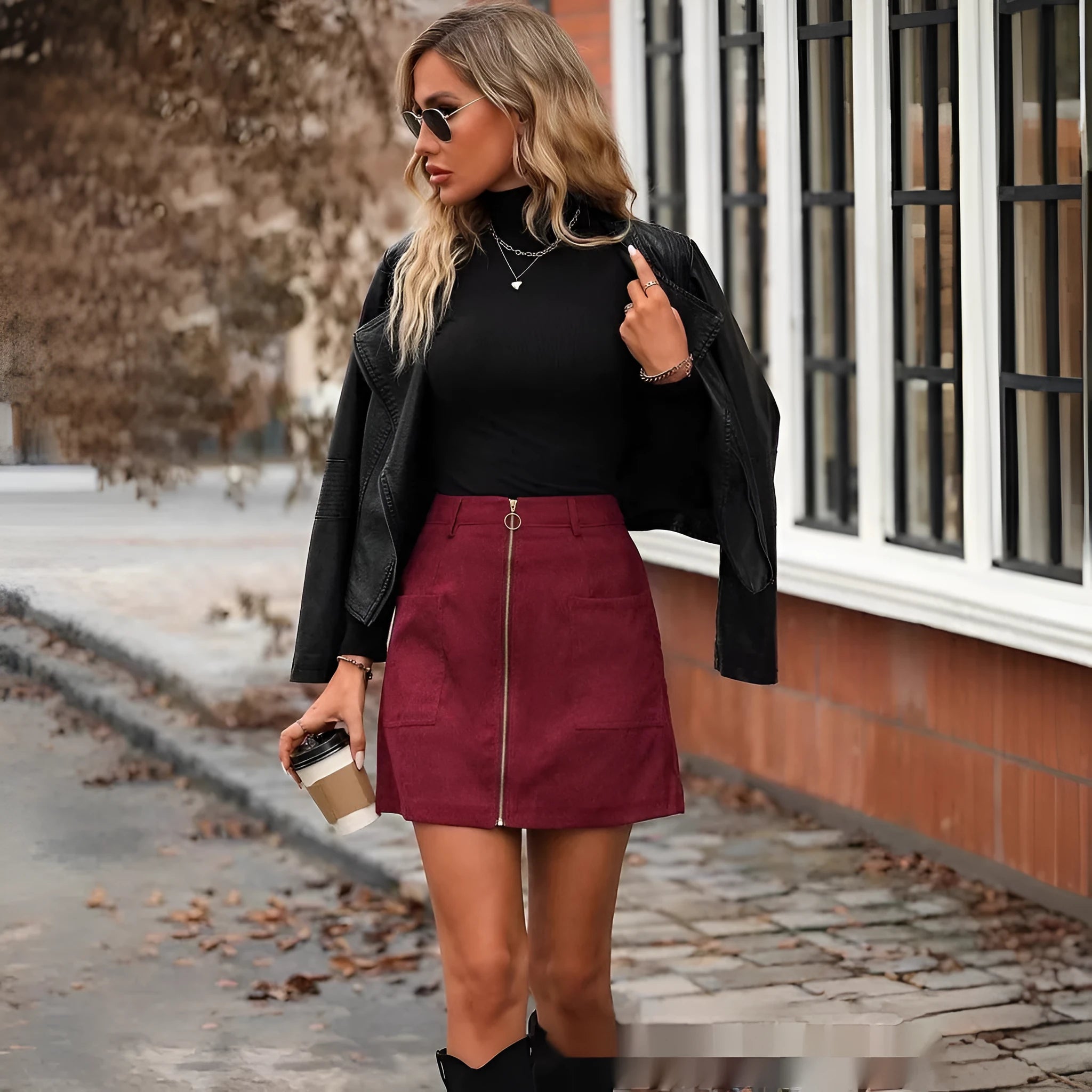 Women's high waist zipper short skirt in polyester fabric showing front closure