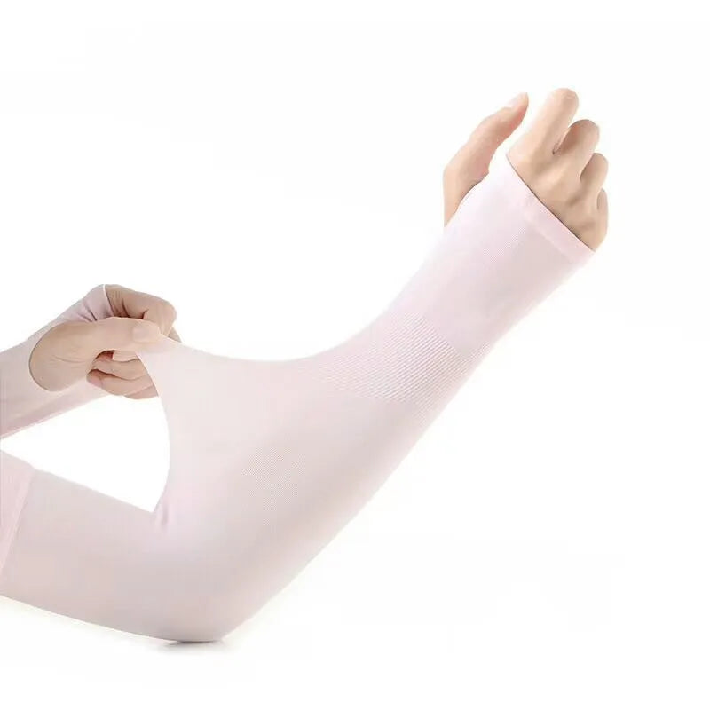White viscose fibre driving sun protection sleeves with open-finger design showing forearm coverage