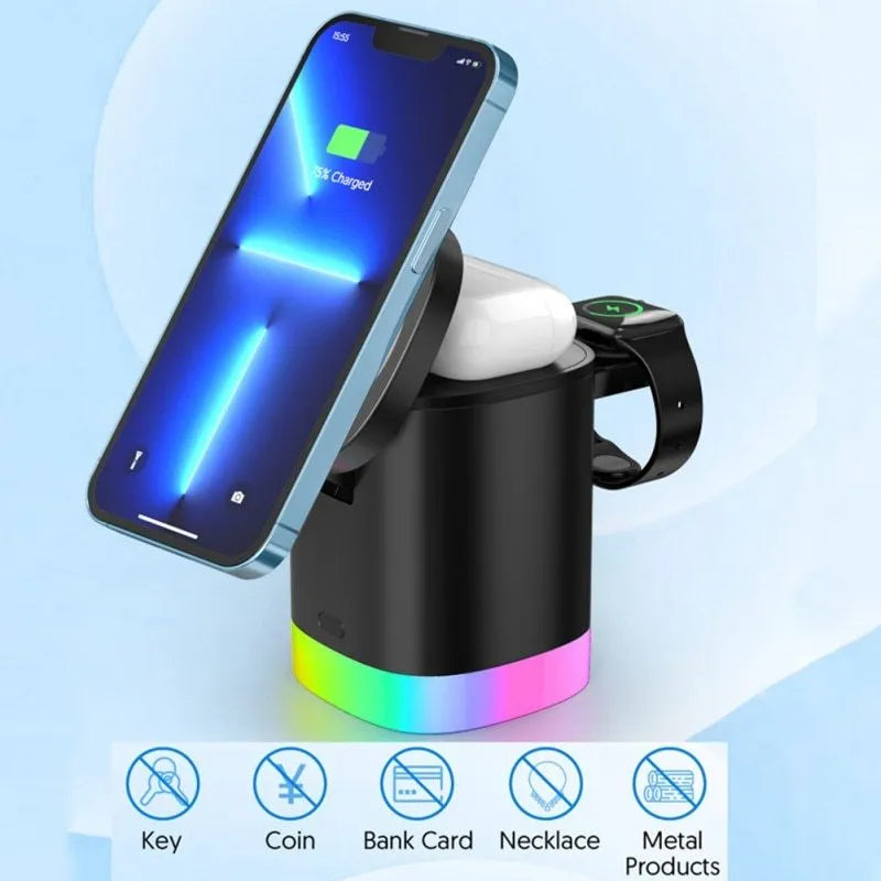 3 in 1 magnetic wireless fast charger cube with RGB ambient light, foldable design, black or white, USB outlet.
