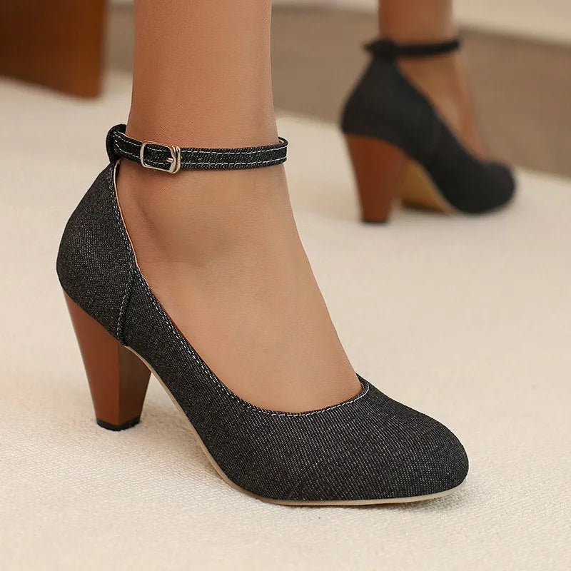 Blue denim women's platform heel shoes with a buckle strap and waterproof sole.