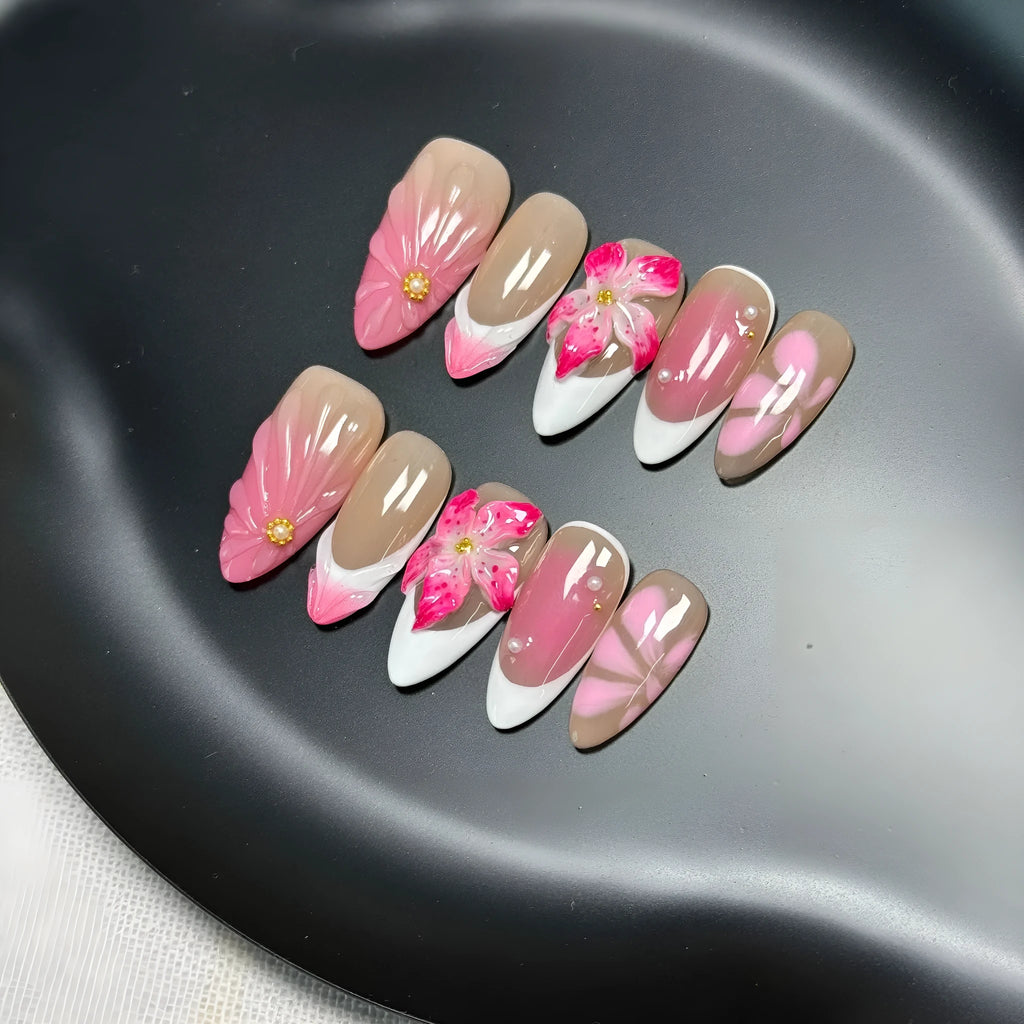 Three-dimensional French style lily and fluid ice flower plastic nail armour in almond shape