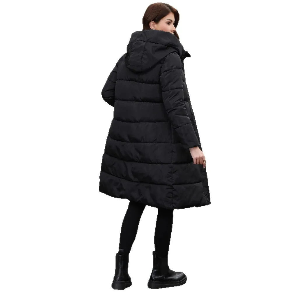 Black hooded slim fit long winter jacket for men on a hanger