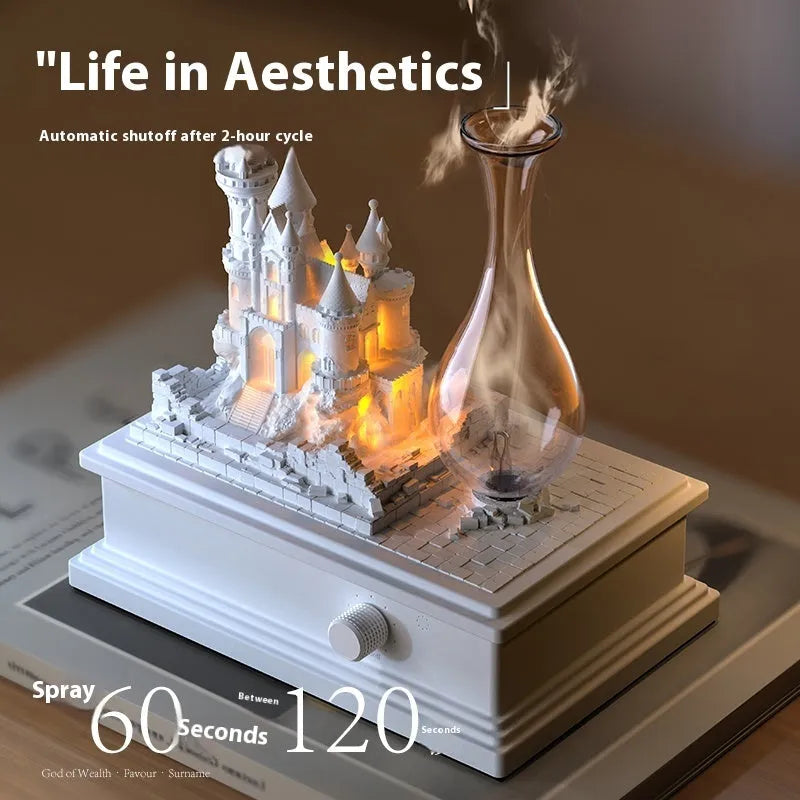 White medieval castle-shaped cold fragrance aromatherapy machine with ambient light on a table.