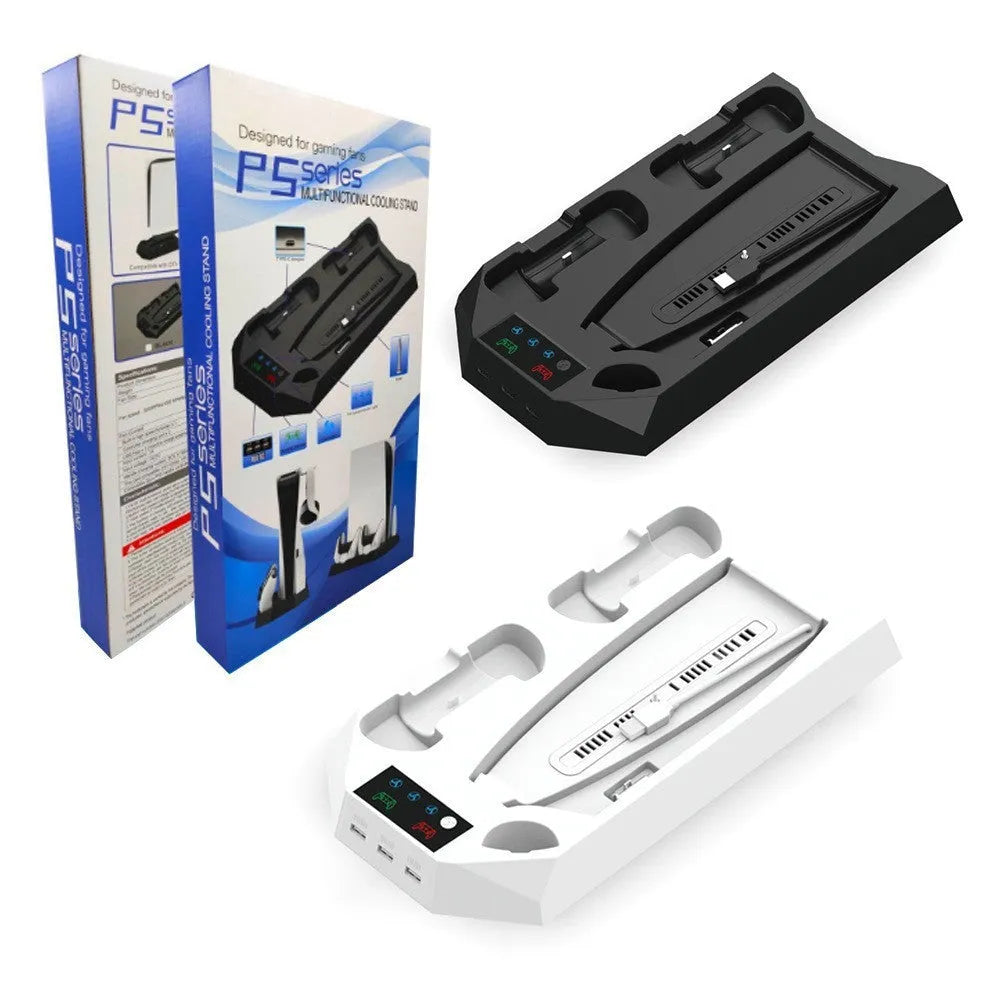 PS5 charging base radiator stand in white or black with controller storage and heat dissipation