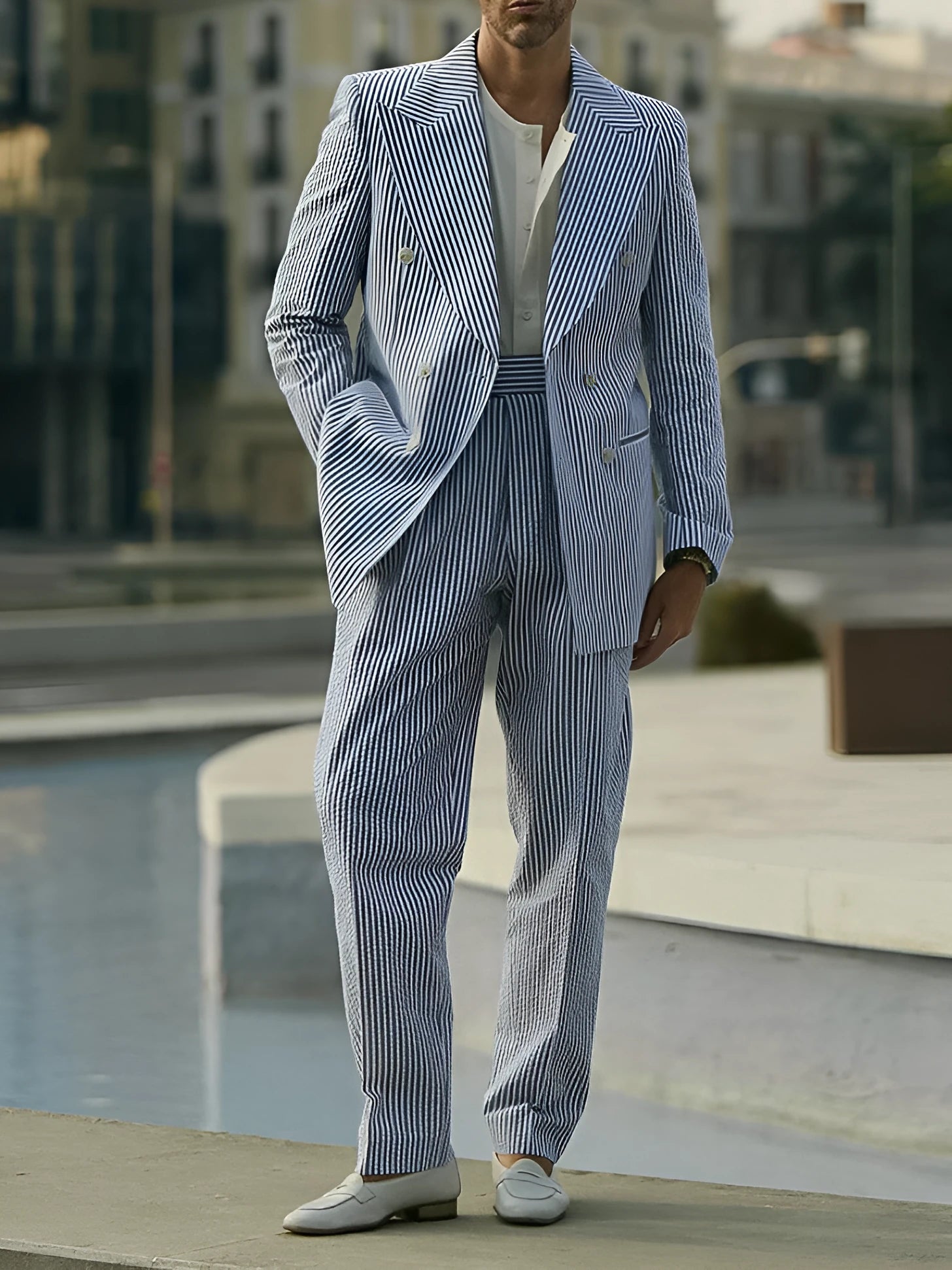 Blue and white striped polyester suit set with blazer and trousers on a hanger.