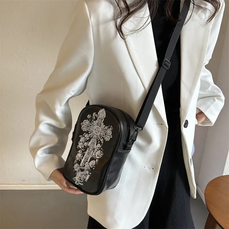 Halloween graffiti crossbody bag with pumpkin ghost bat print in black colour