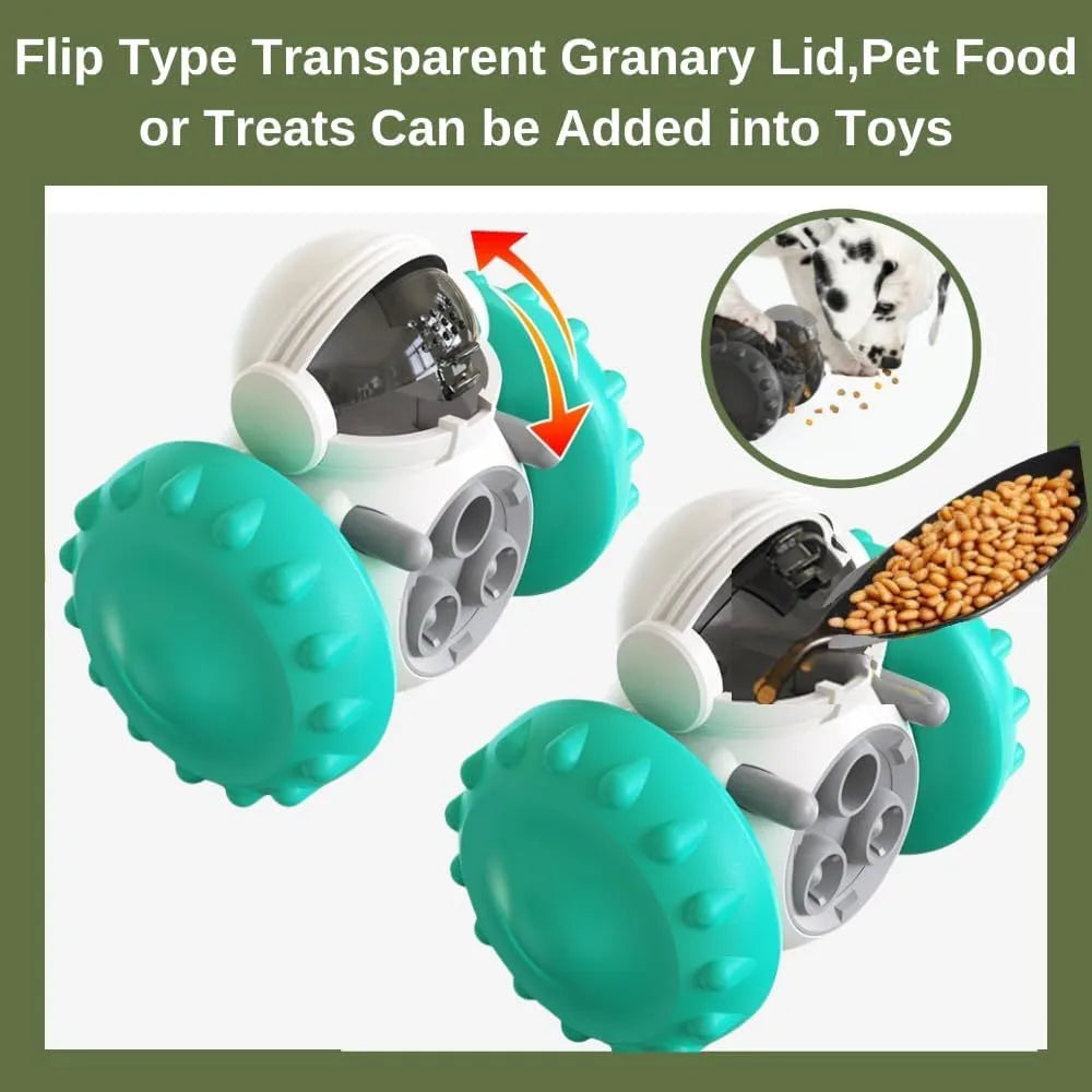 Pet tumbler food dispenser toy in robot design with slow feeding mechanism
