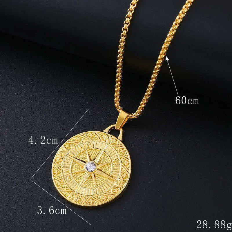 Gold-coloured geometric pendant necklace with inlaid zircon stones and alloy construction
