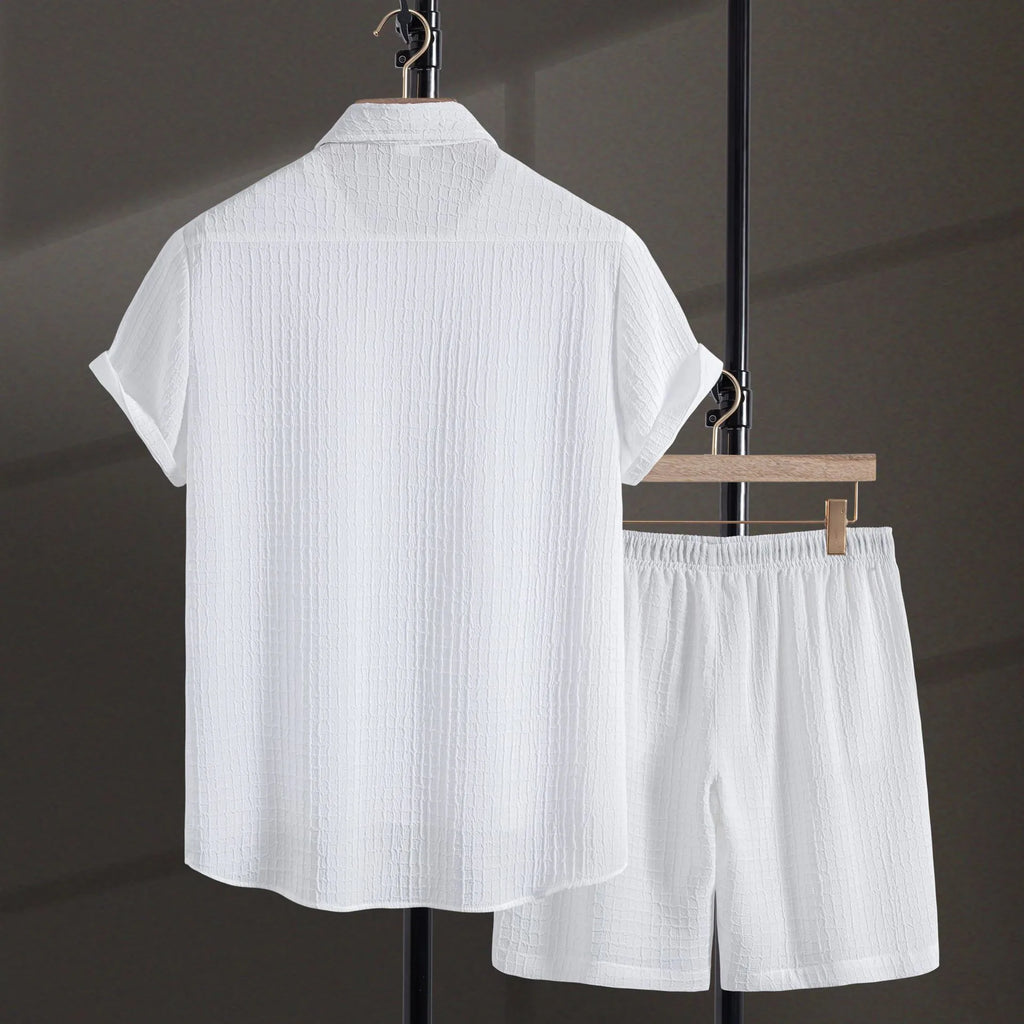 Men's white cotton blend jacquard short sleeve shirt and matching shorts casual suit