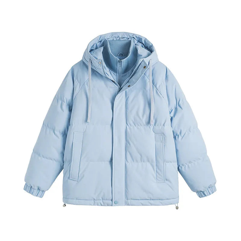 Loose fit fake two-piece winter coat in a solid colour with side seam pockets.