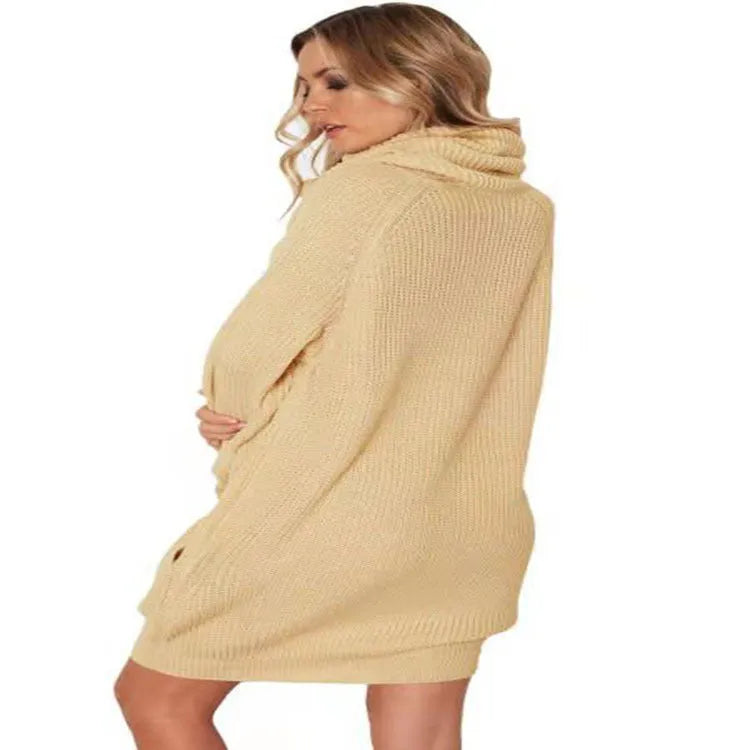 Women's light apricot lapel collar sweater with side pockets, loose slimming mid-length fit.