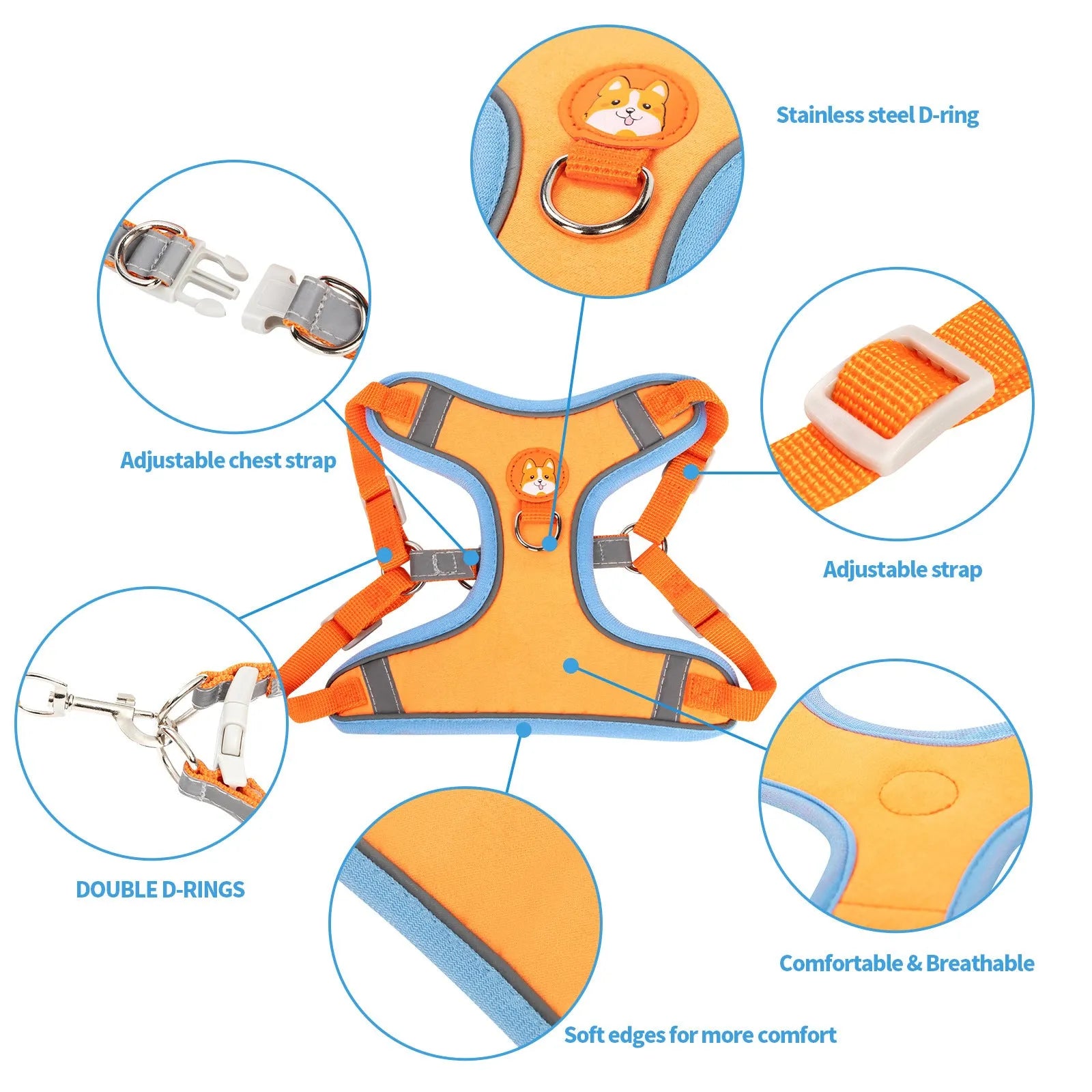 Adjustable dog harness with haulage rope in multiple colour options