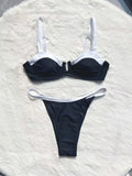 Black women's low waist bikini swimsuit set with stitching detail on split briefs