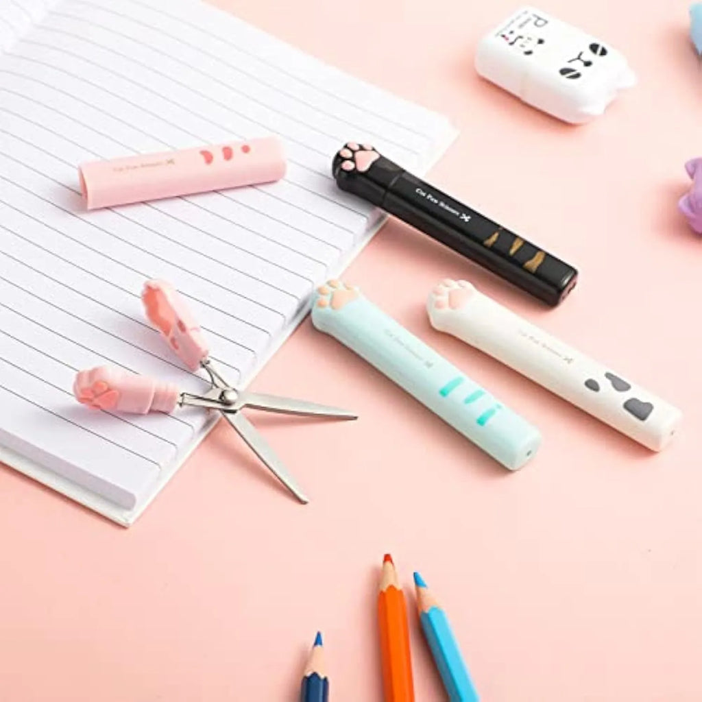 Mini folding scissors with cat paw design in pink, white, black, or blue colours