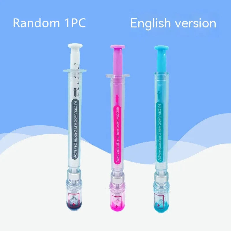 Creative vaccine-style gel pen with black cap, showing 15.7cm length and 0.5mm tip.