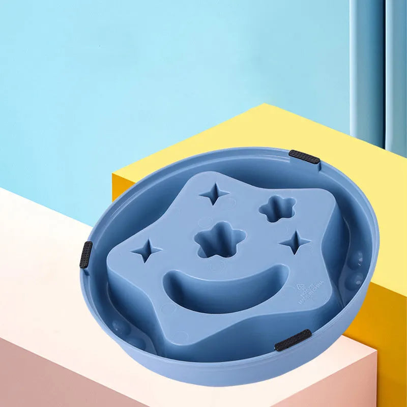 Moon Star Wings large slow-feeding pet bowl in blue, showing internal raised centre and wing design