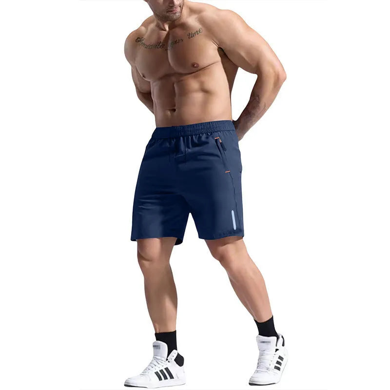 Men's grey bamboo blend sports shorts with elastic drawstring waist on a plain background.