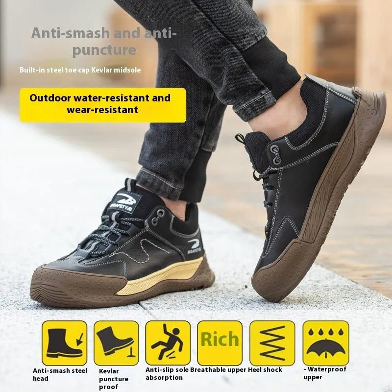 Flyknit leather safety work shoes with rubber sole in black, shown in a side profile.
