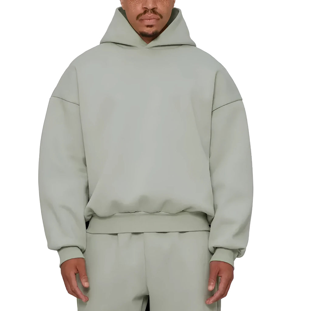 Men's grey fleece-lined cotton hoodie with wool lining, pullover style with threaded long sleeves