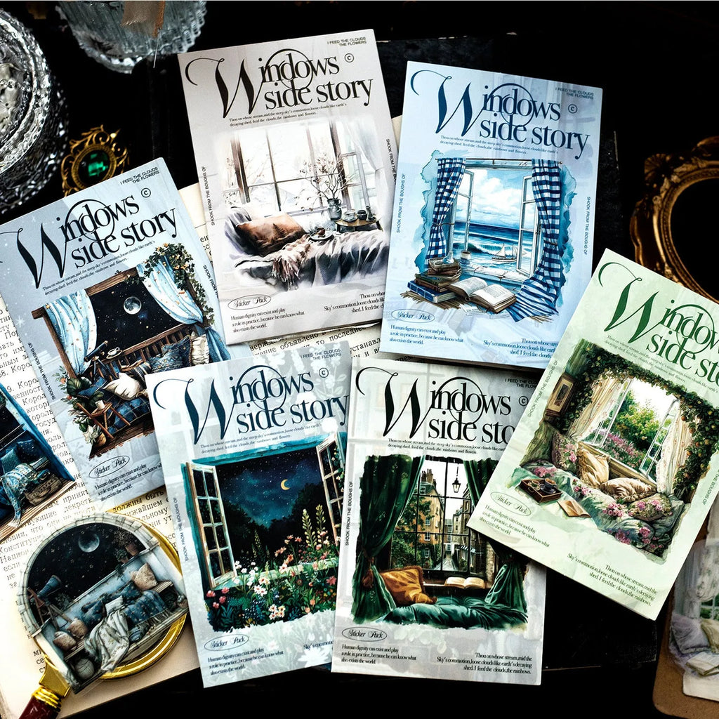Retro-style printed decorative sticker sheet from the Window Story Series for journals.