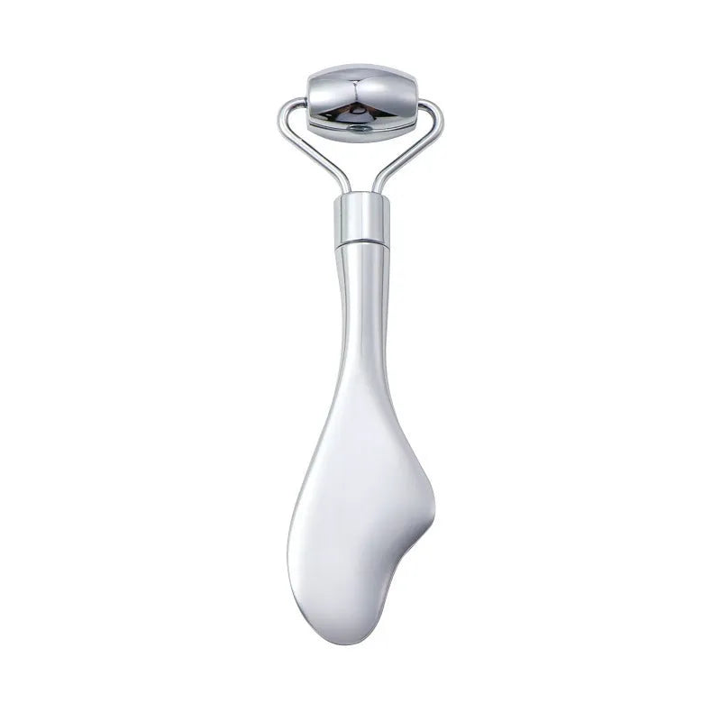 Stainless steel double-headed facial roller and heart-shaped eye massage stick with scraping plate.